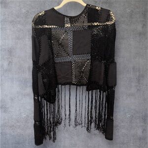 Vintage Unique Black Crochet faux leather fringe  Western Cardigan